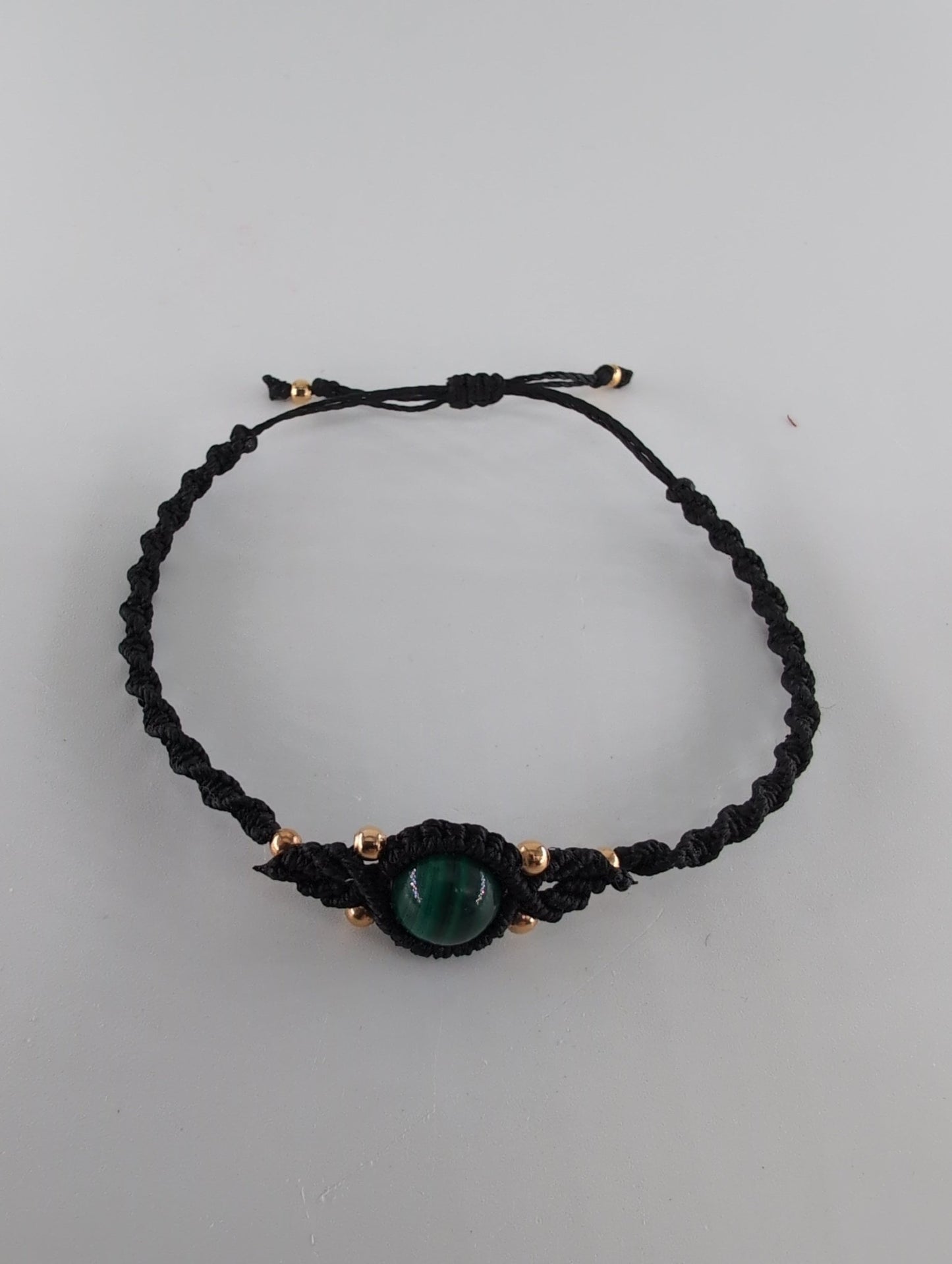 Polished Malachite Black Micro Macrame Bracelet featuring banded green patterning and silky polish - Luna Panther