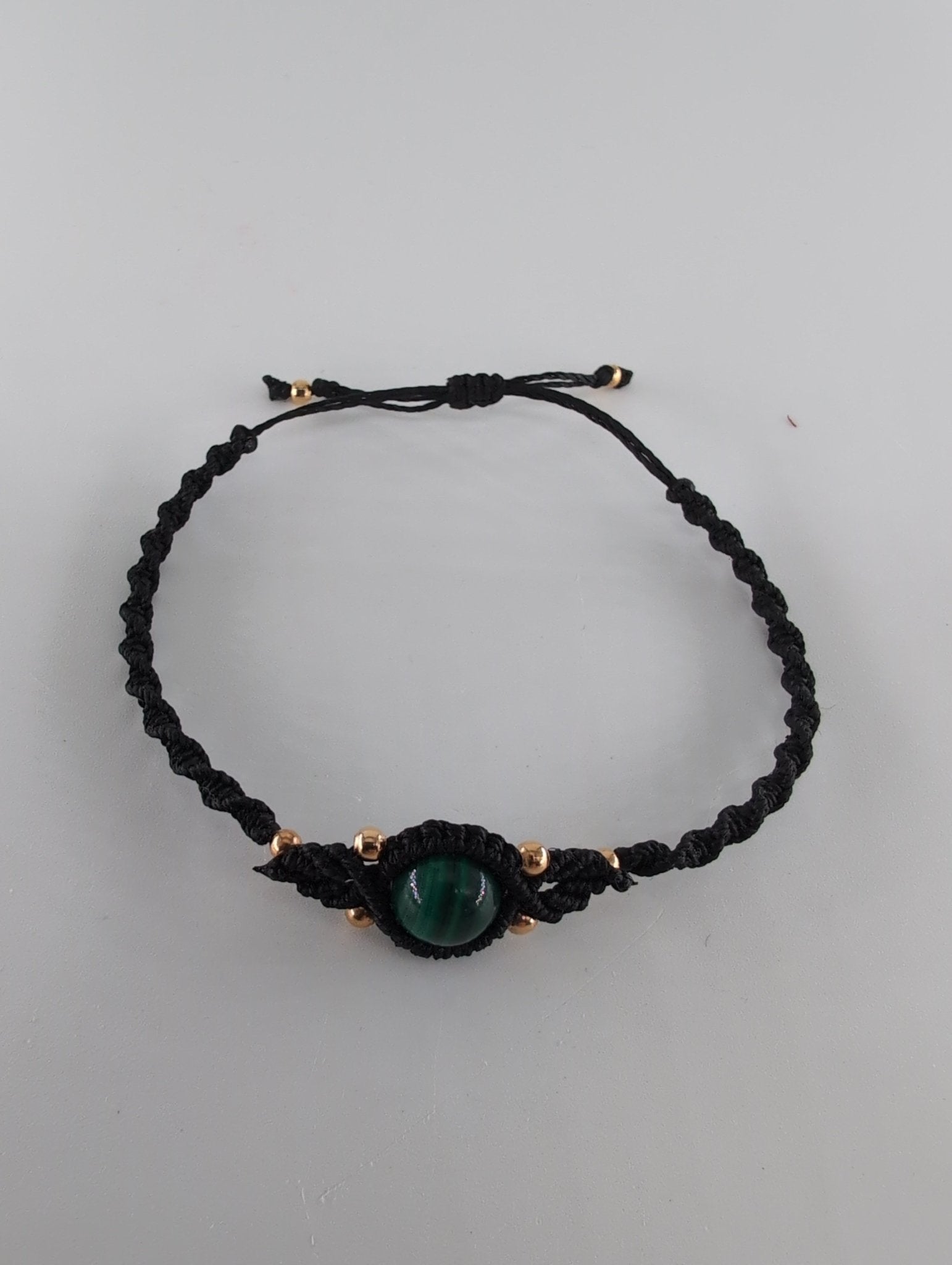 Polished Malachite Black Micro Macrame Bracelet featuring banded green patterning and silky polish - Luna Panther
