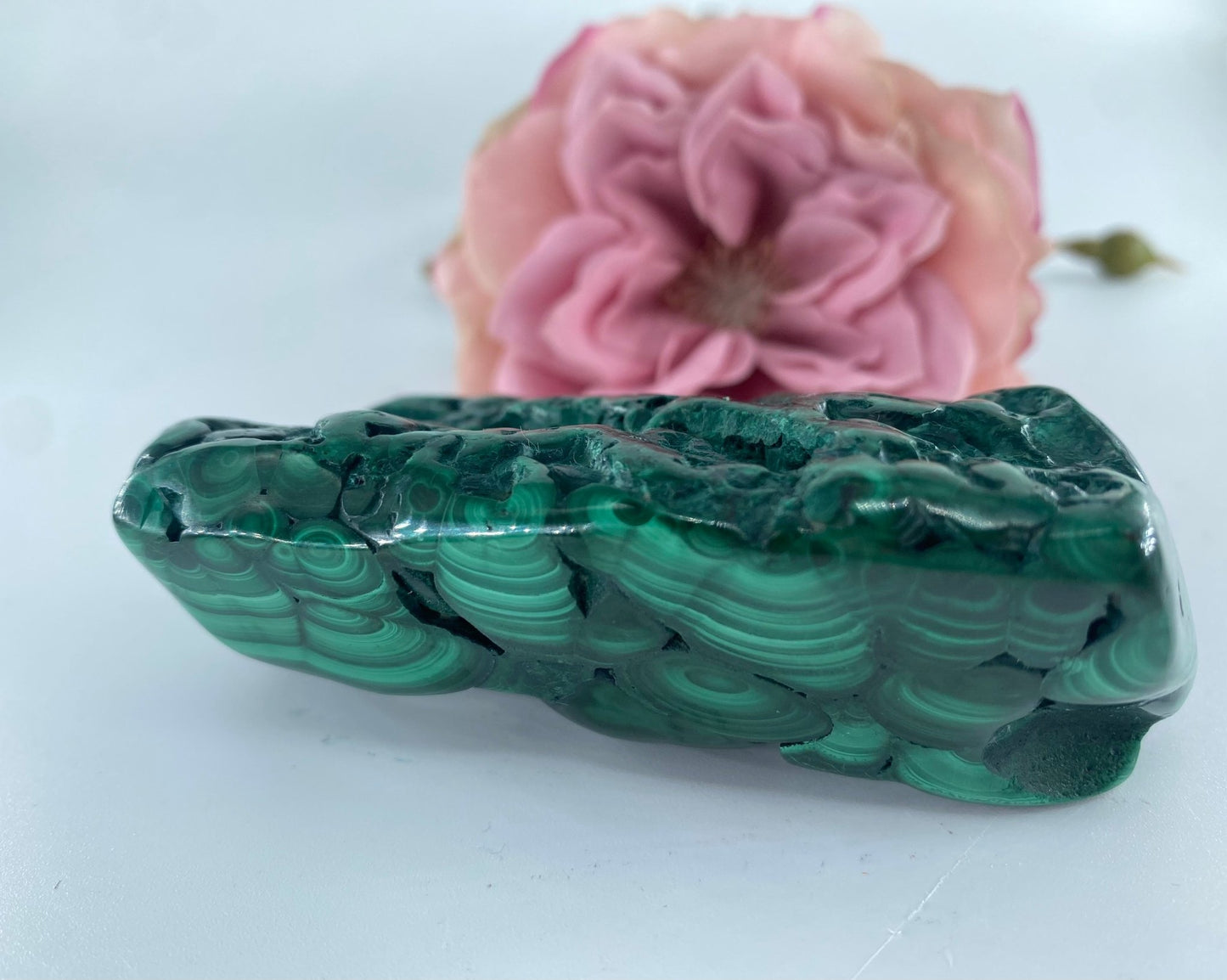 Polished Malachite Free Form 381Grams featuring banded green patterning and silky polish - Luna Panther