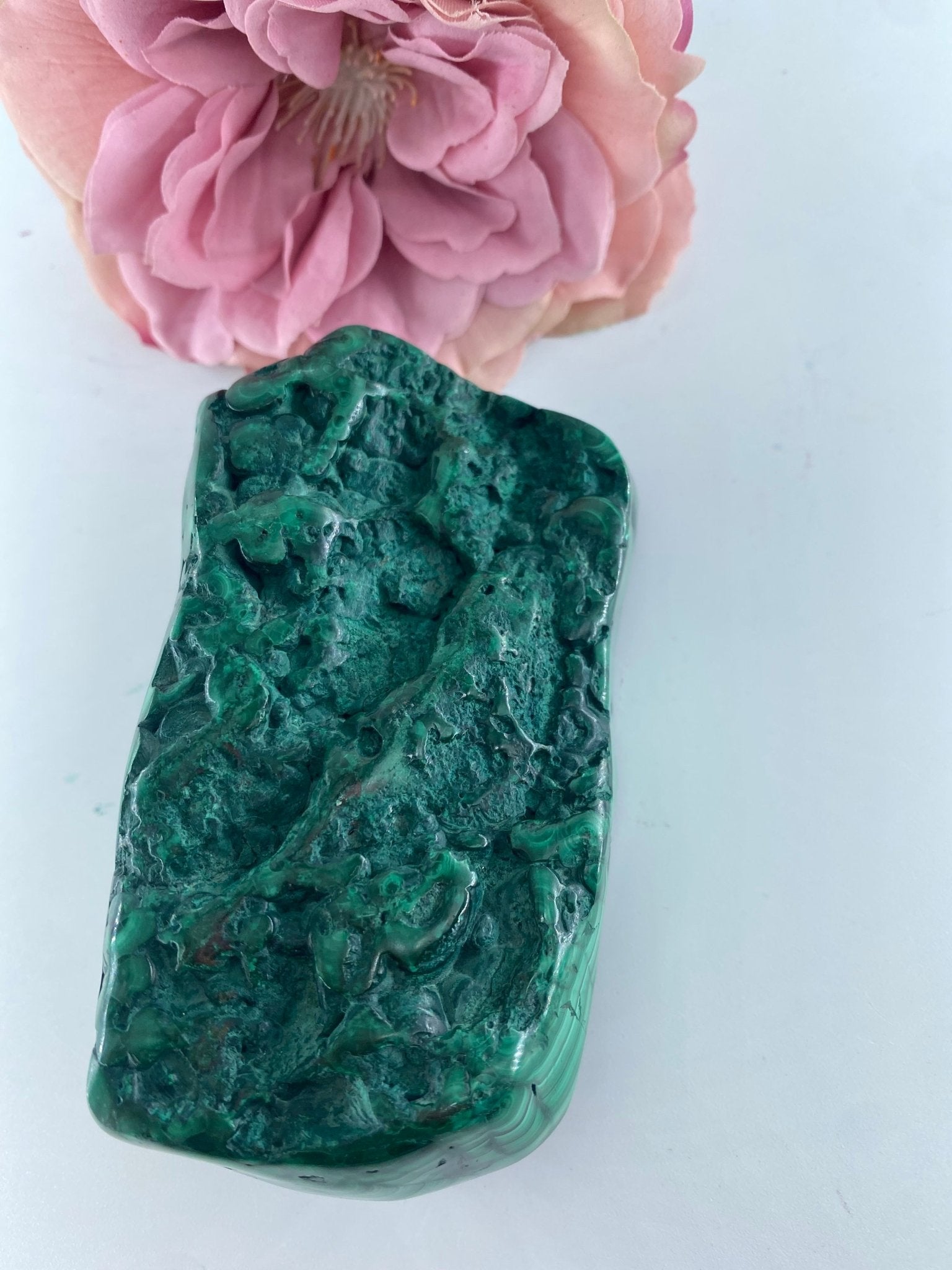 Polished Malachite Free Form 381Grams featuring banded green patterning and silky polish - Luna Panther