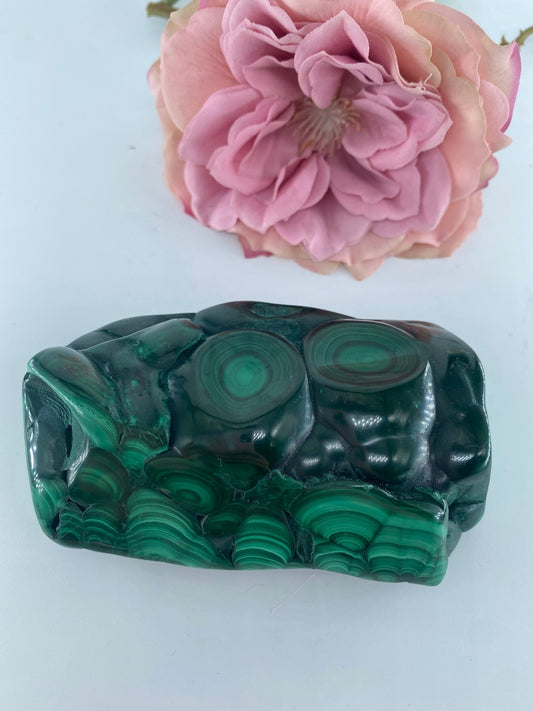 Polished Malachite Free Form 381grams featuring banded green patterning and silky polish - Luna Panther