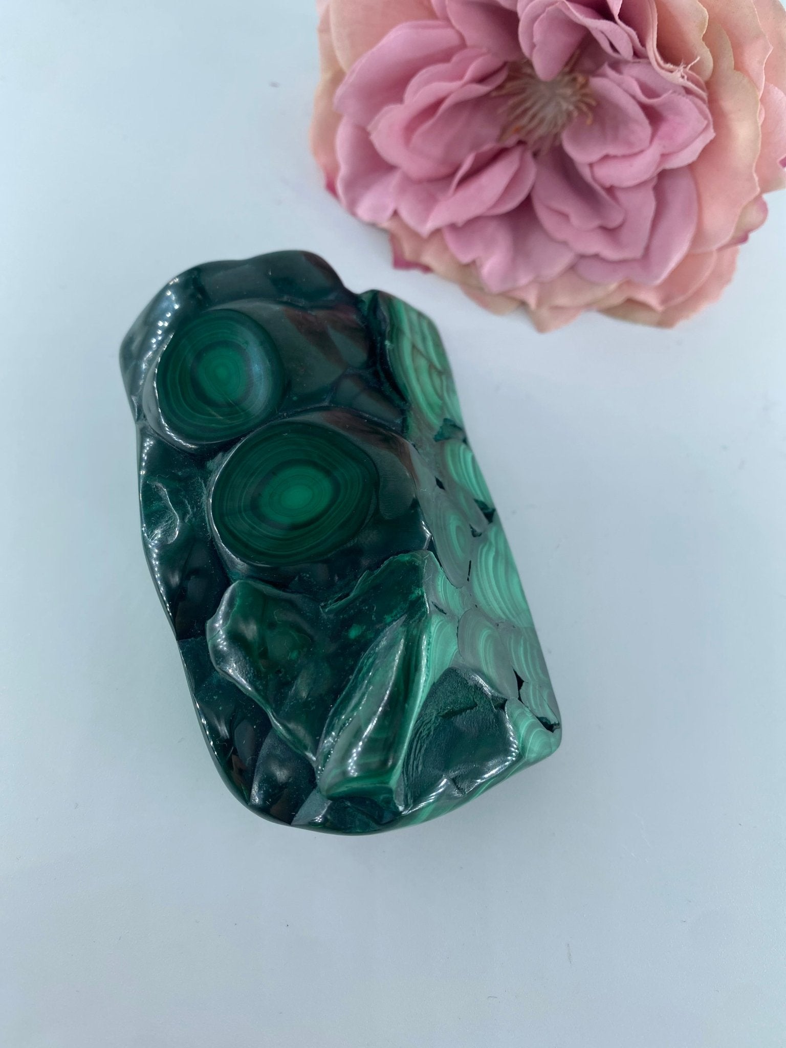 Polished Malachite Free Form 381Grams featuring banded green patterning and silky polish - Luna Panther