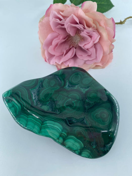 Polished Malachite Free Form 383grams featuring banded green patterning and silky polish - Luna Panther