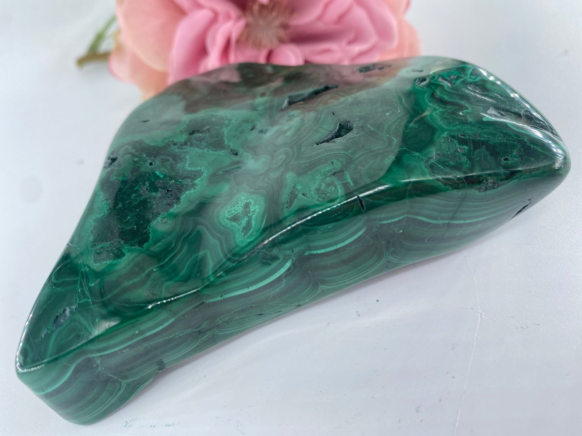 Polished Malachite Free Form 532 Grams featuring banded green patterning and silky polish - Luna Panther