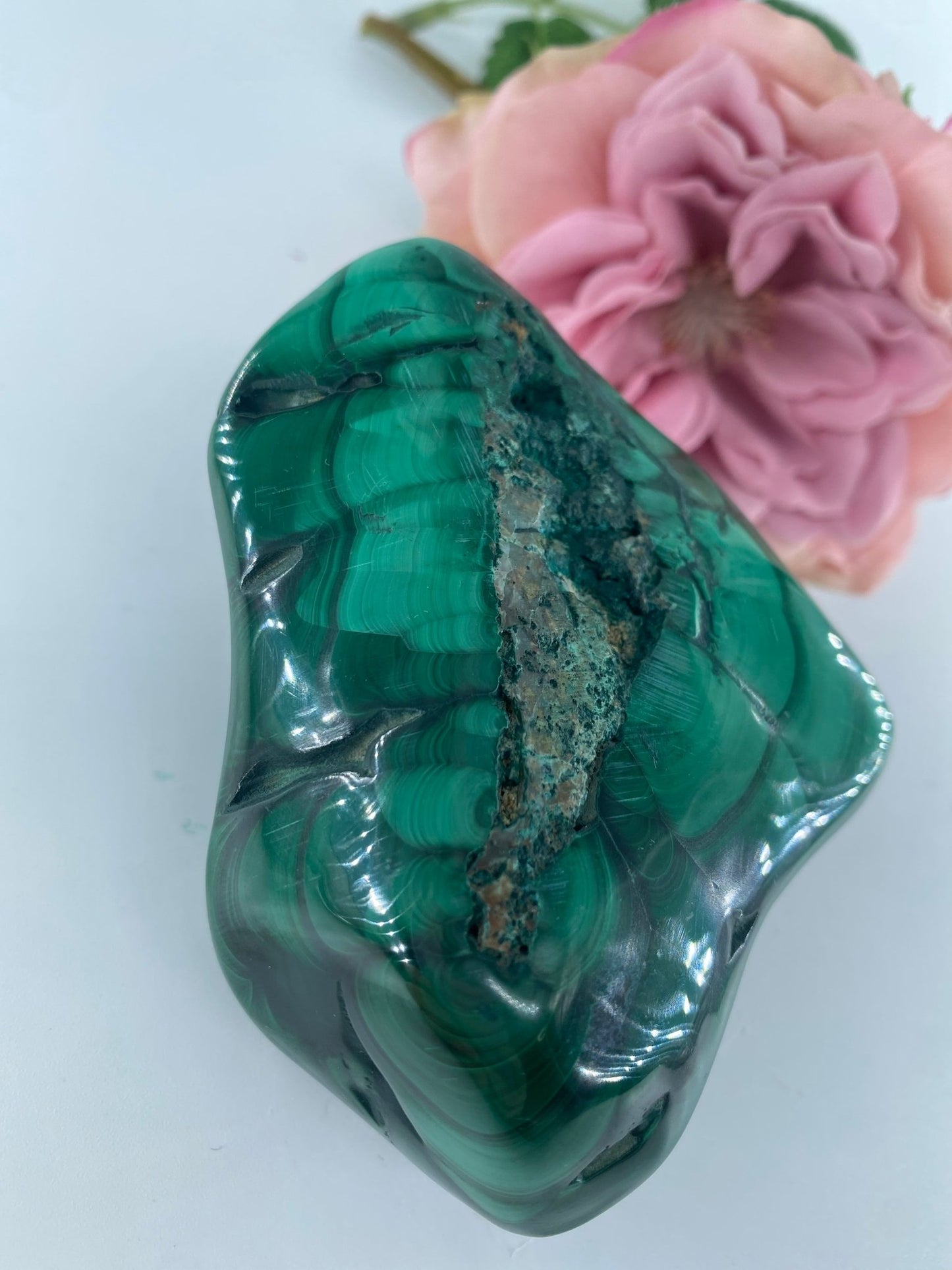 Polished Malachite Free Form 458 Grams featuring banded green patterning and silky polish - Luna Panther