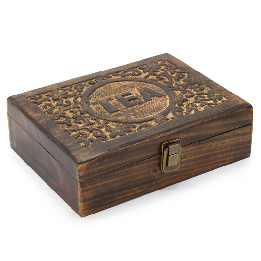 Polished Mango Carved Tea Box - ( 12 compartments) featuring natural patterning and unique variations - Luna Panther