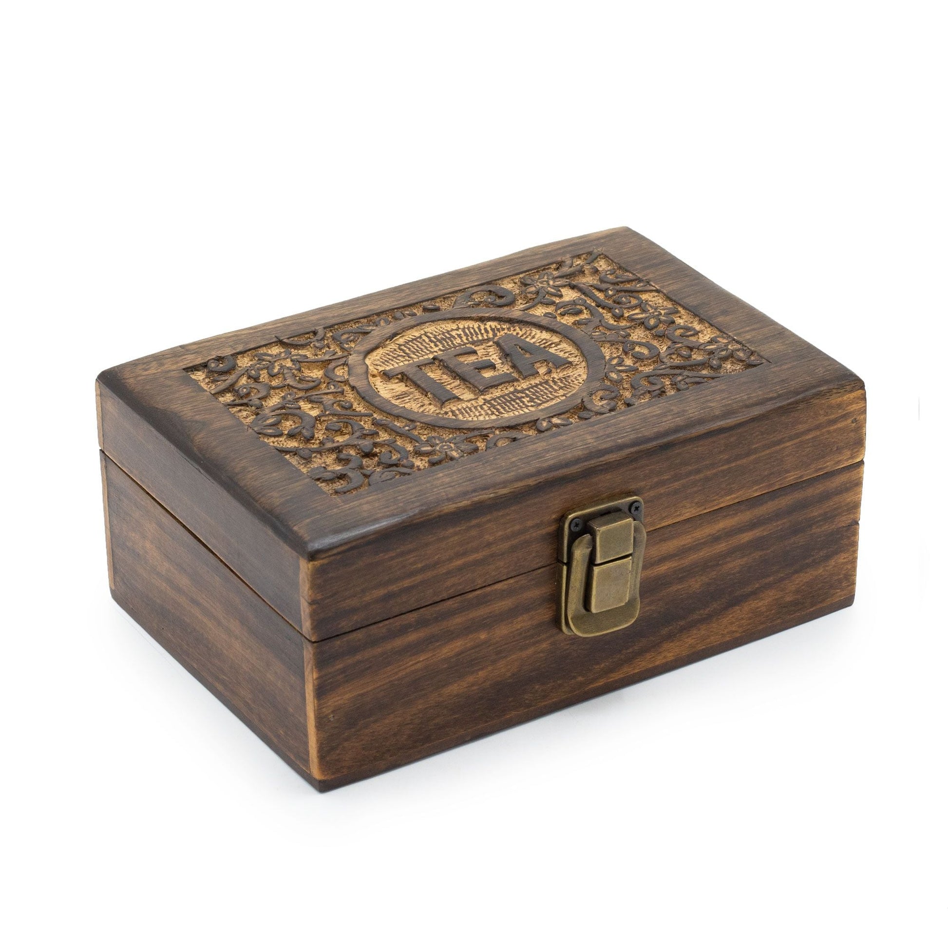 Polished Mango Carved Tea Box - (6 compartments) featuring natural patterning and unique variations - Luna Panther