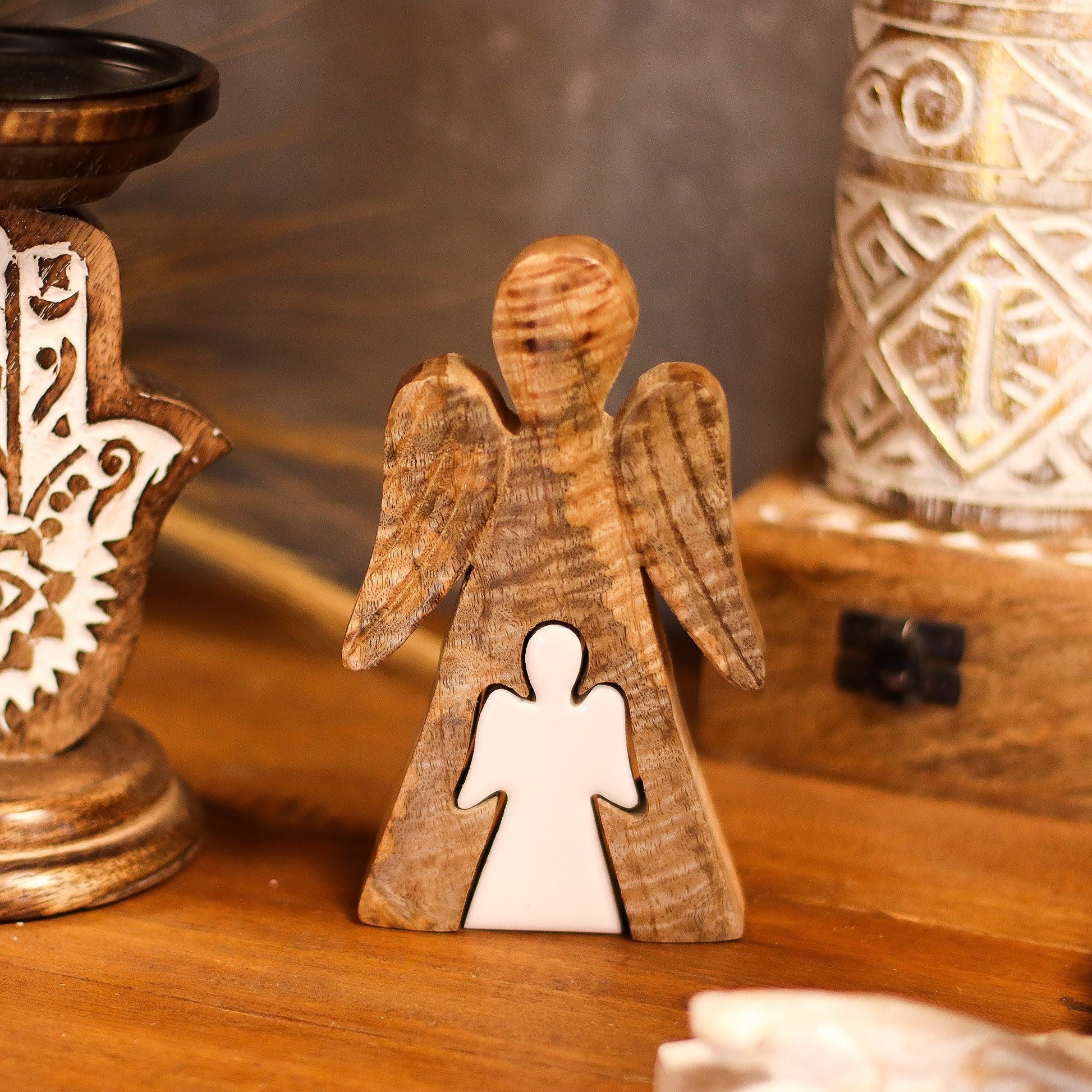 Mango Wood Angel in Angel – White Enamel — sculptures & statues, image 8 of 8.