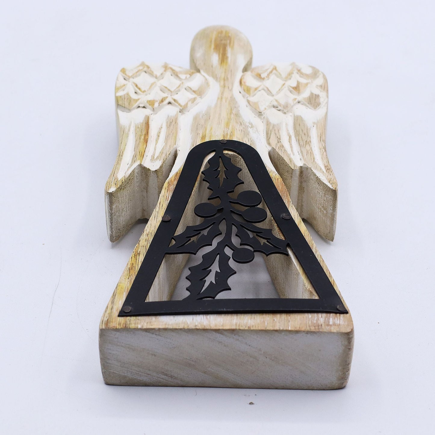 Mango Wood Angel – Whitewash with Iron Cut-Out — sculptures & statues, image 4 of 8.
