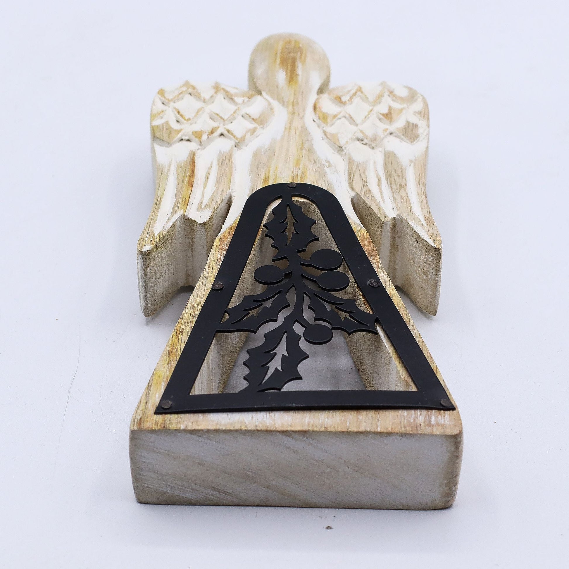 Mango Wood Angel – Whitewash with Iron Cut-Out — sculptures & statues, image 4 of 8.