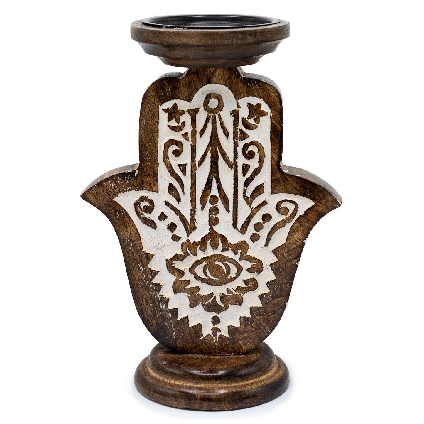 Polished Mango Wood Candle Stand - Hamsa - Large featuring natural patterning and unique variations - Luna Panther