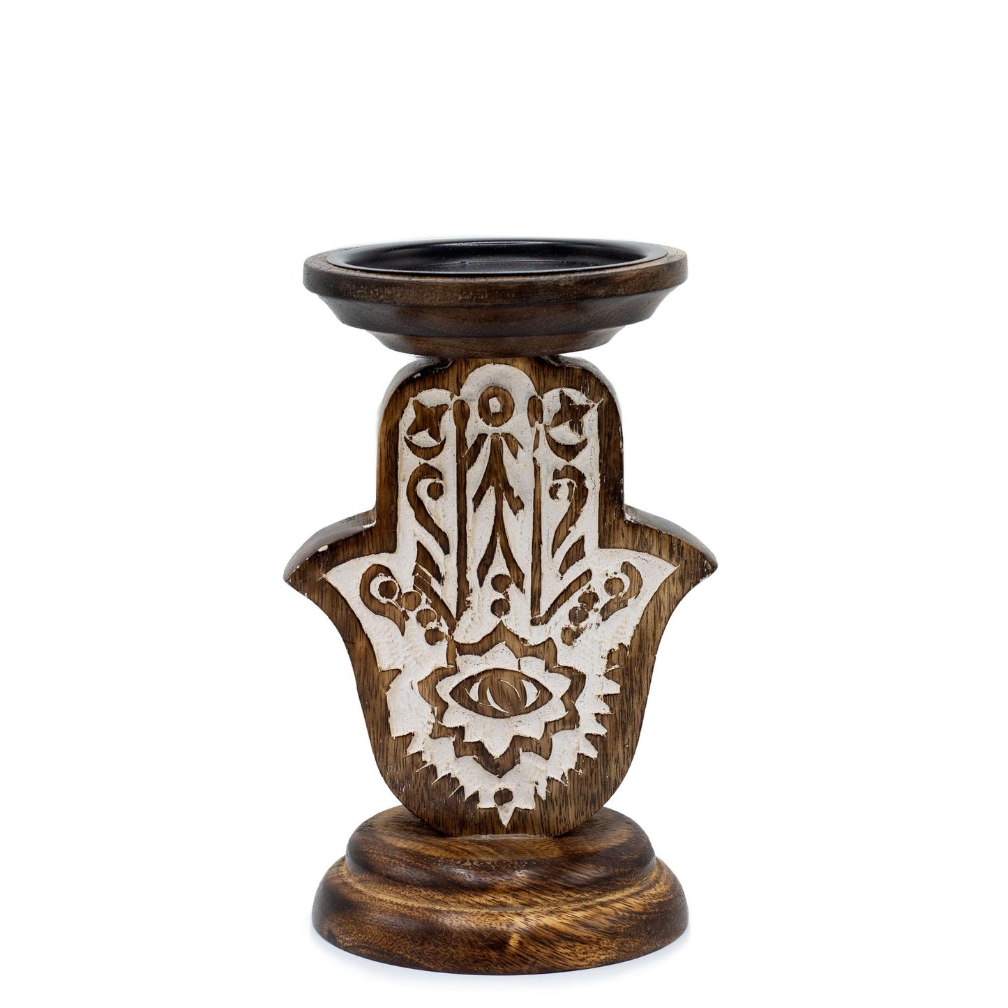 Polished Mango Wood Candle Stand - Hamsa - Small featuring natural patterning and unique variations - Luna Panther