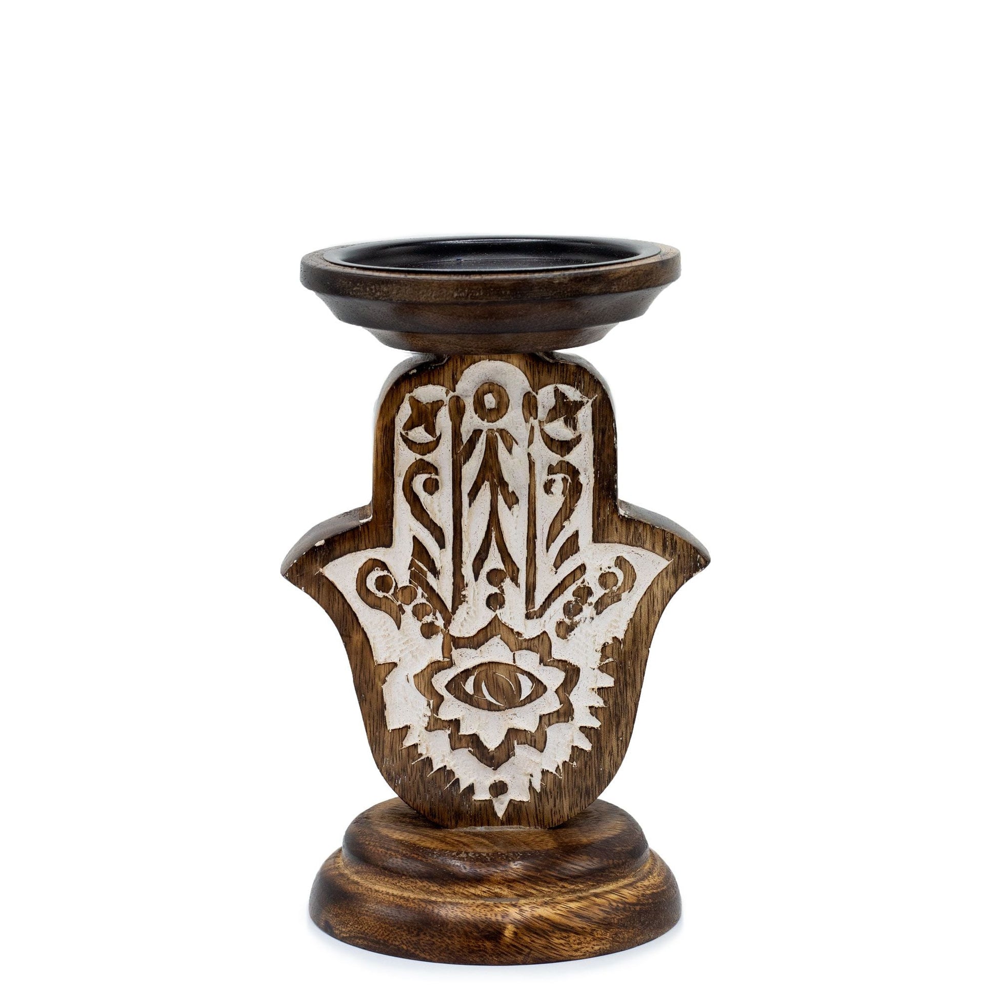 Polished Mango Wood Candle Stand - Hamsa - Small featuring natural patterning and unique variations - Luna Panther