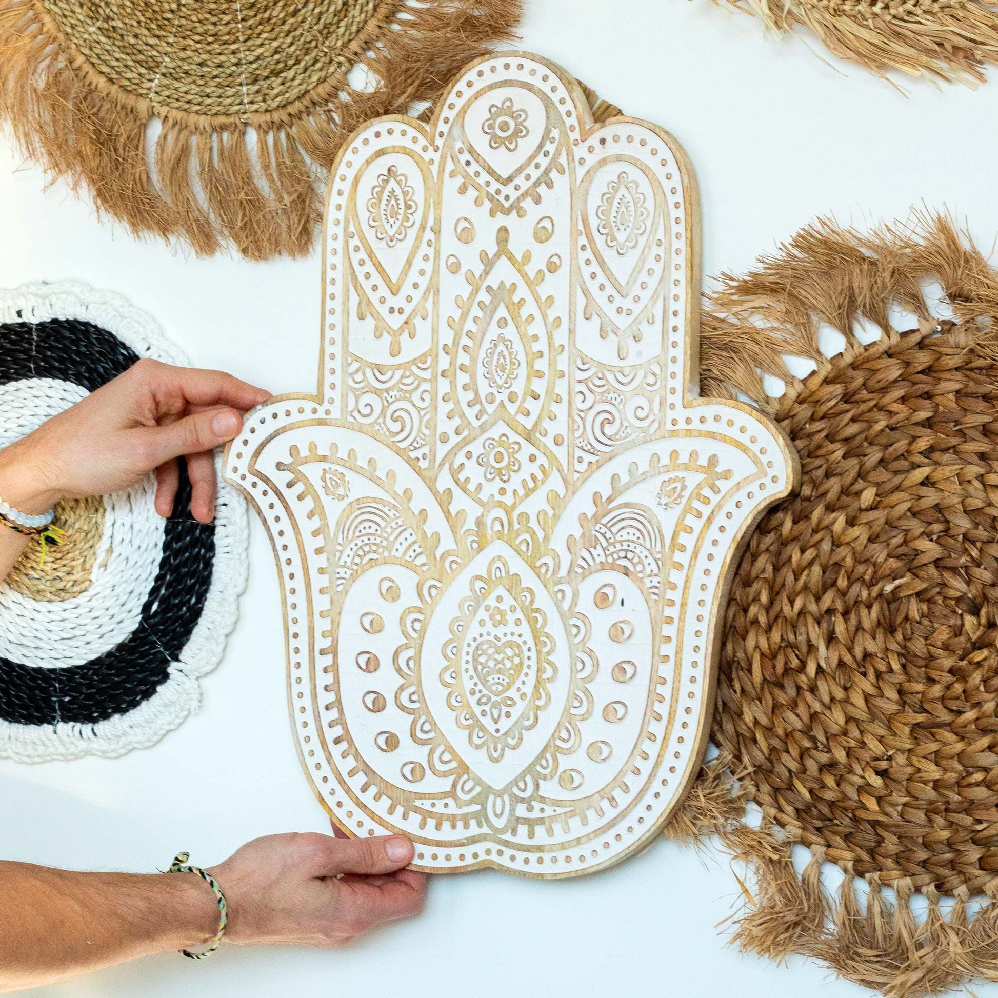 Mango Wood Hamsa Wall Plaque - Whitewash - Luna Panther