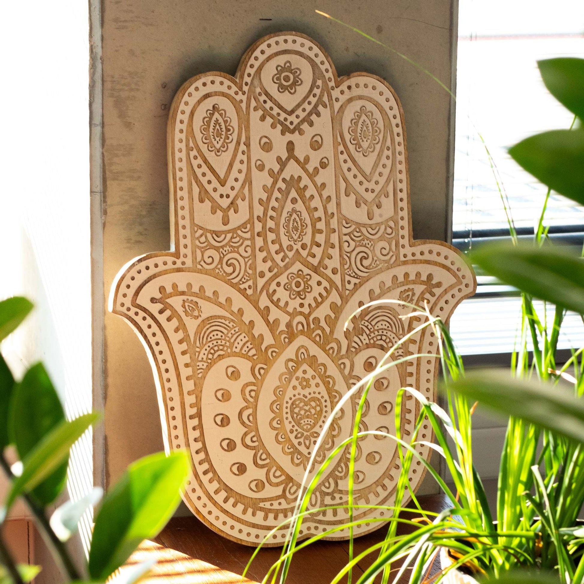 Mango Wood Hamsa Wall Plaque - Whitewash - Luna Panther