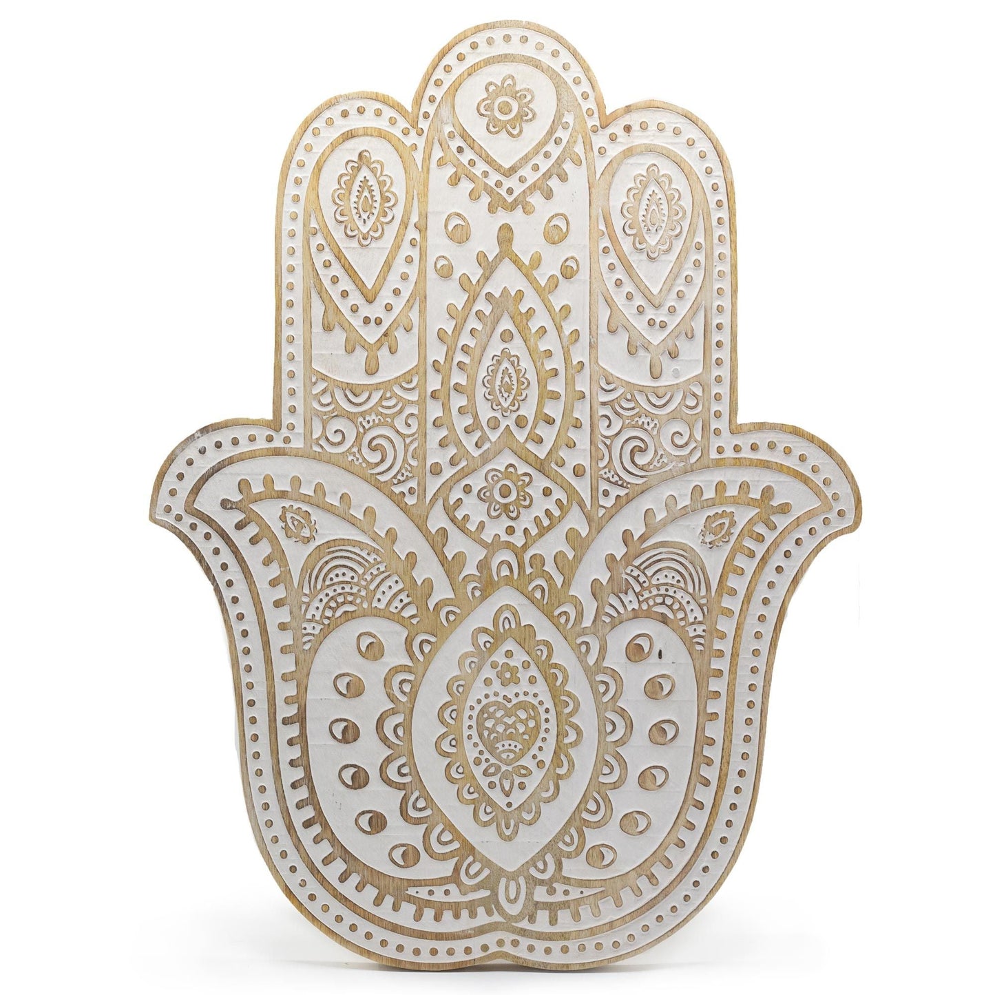Mango Wood Hamsa Wall Plaque - Whitewash - Luna Panther