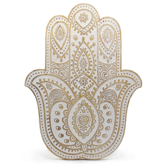 Mango Wood Hamsa Wall Plaque - Whitewash - Luna Panther
