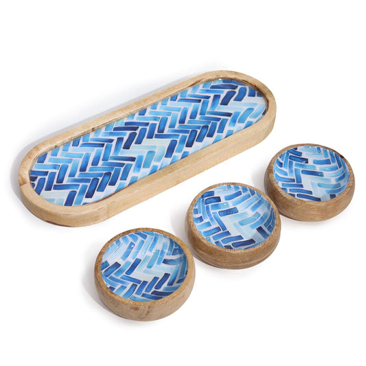 Mango Wood Tray with 3 Bowls - Blue Stripes - Luna Panther alternate view