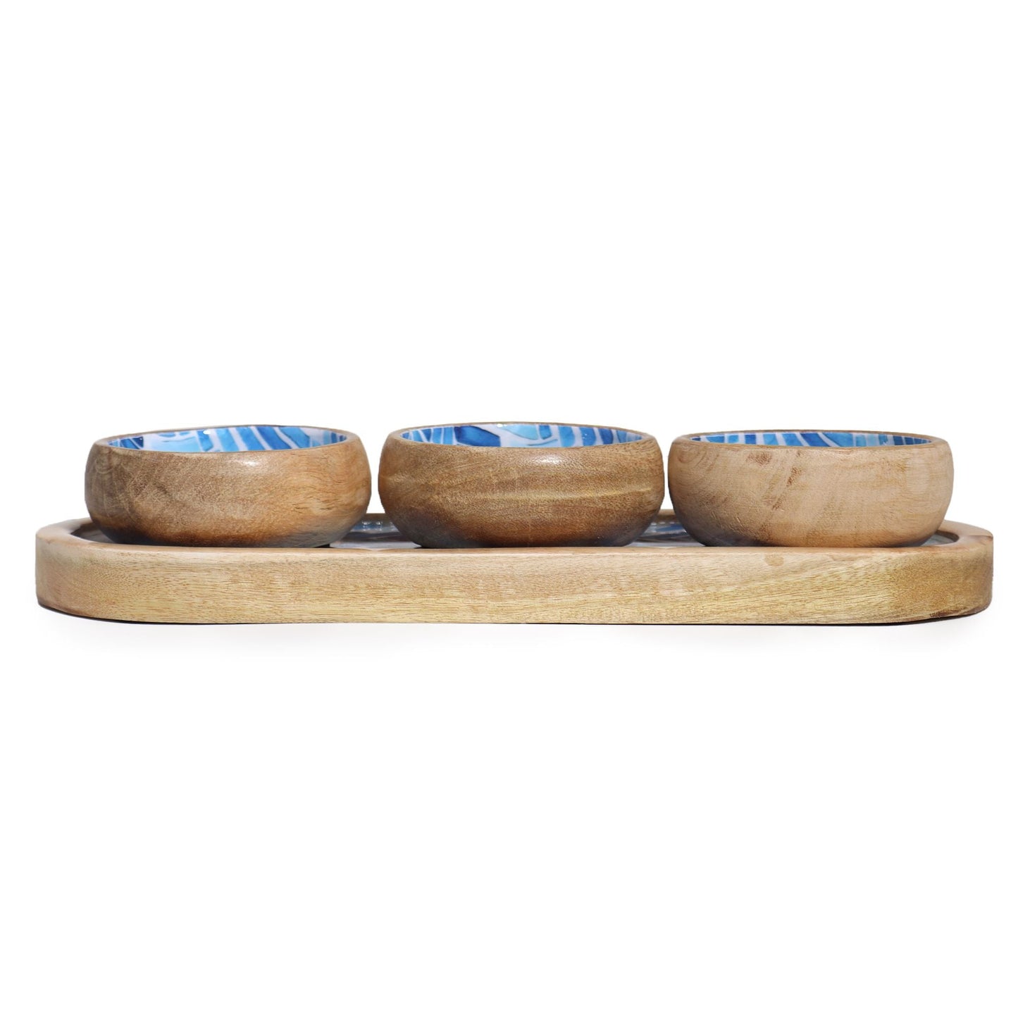 Mango Wood Tray with 3 Bowls - Blue Stripes - Luna Panther