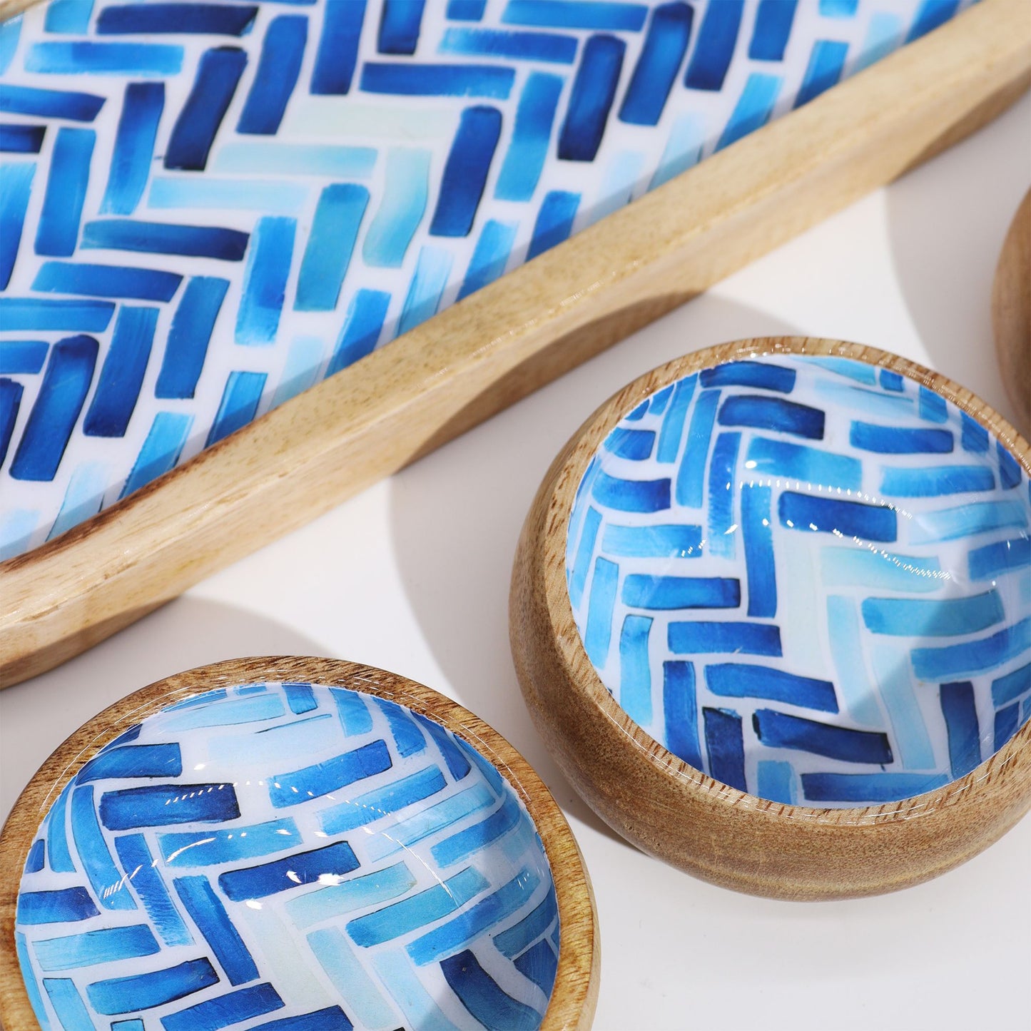 Mango Wood Tray with 3 Bowls - Blue Stripes - Luna Panther