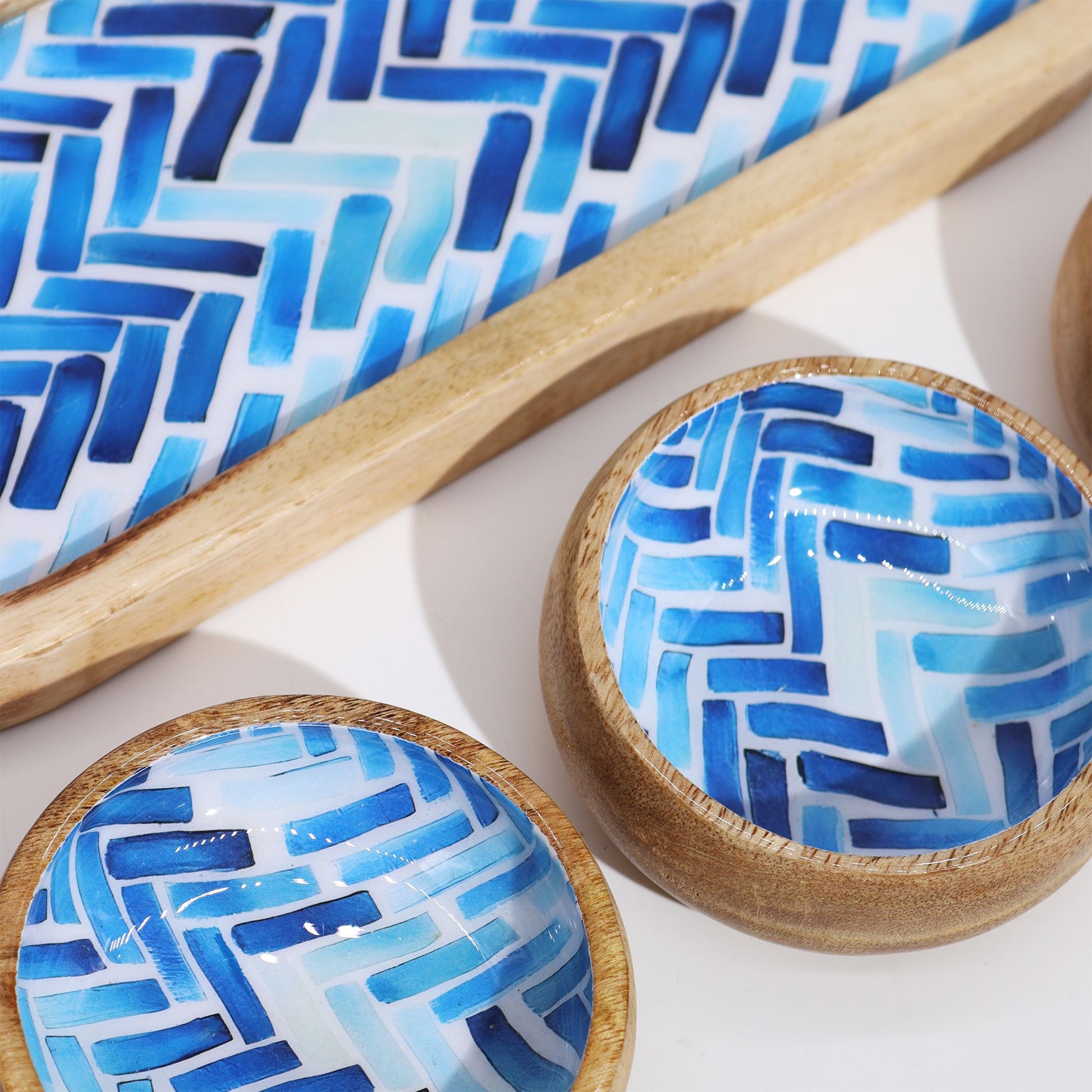 Mango Wood Tray with 3 Bowls - Blue Stripes - Luna Panther