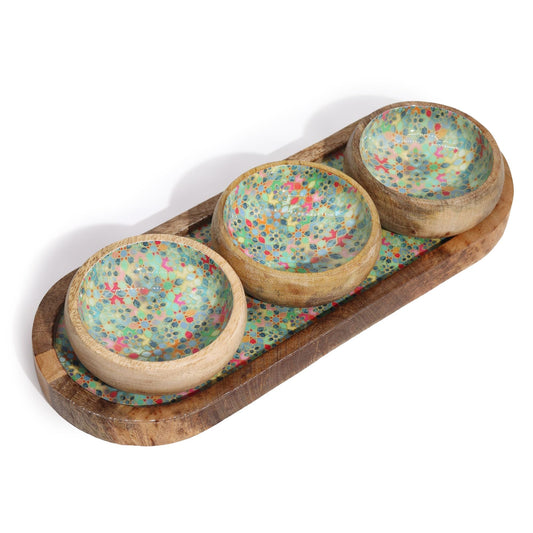 Mango Wood Tray with 3 Bowls - Mediterranean Tile pattern - Luna Panther