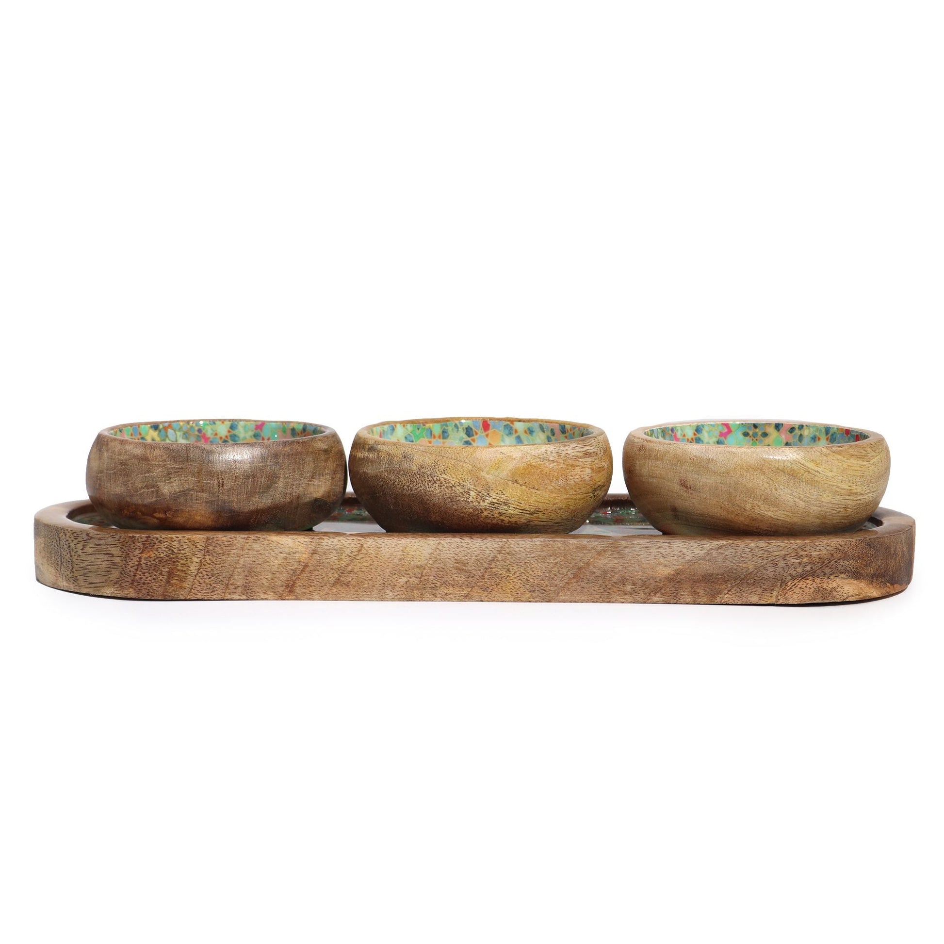 Mango Wood Tray with 3 Bowls - Mediterranean Tile pattern - Luna Panther