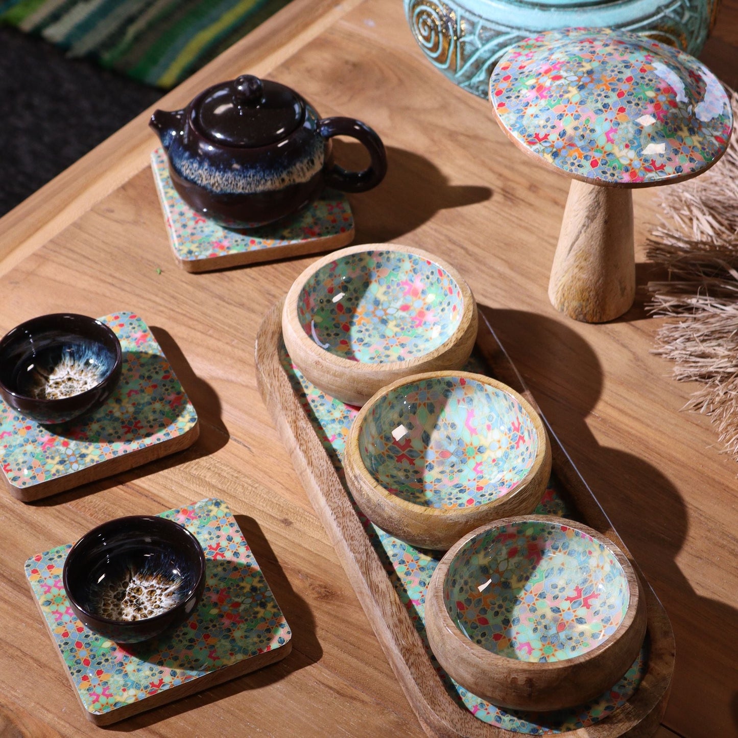 Mango Wood Tray with 3 Bowls - Mediterranean Tile pattern - Luna Panther