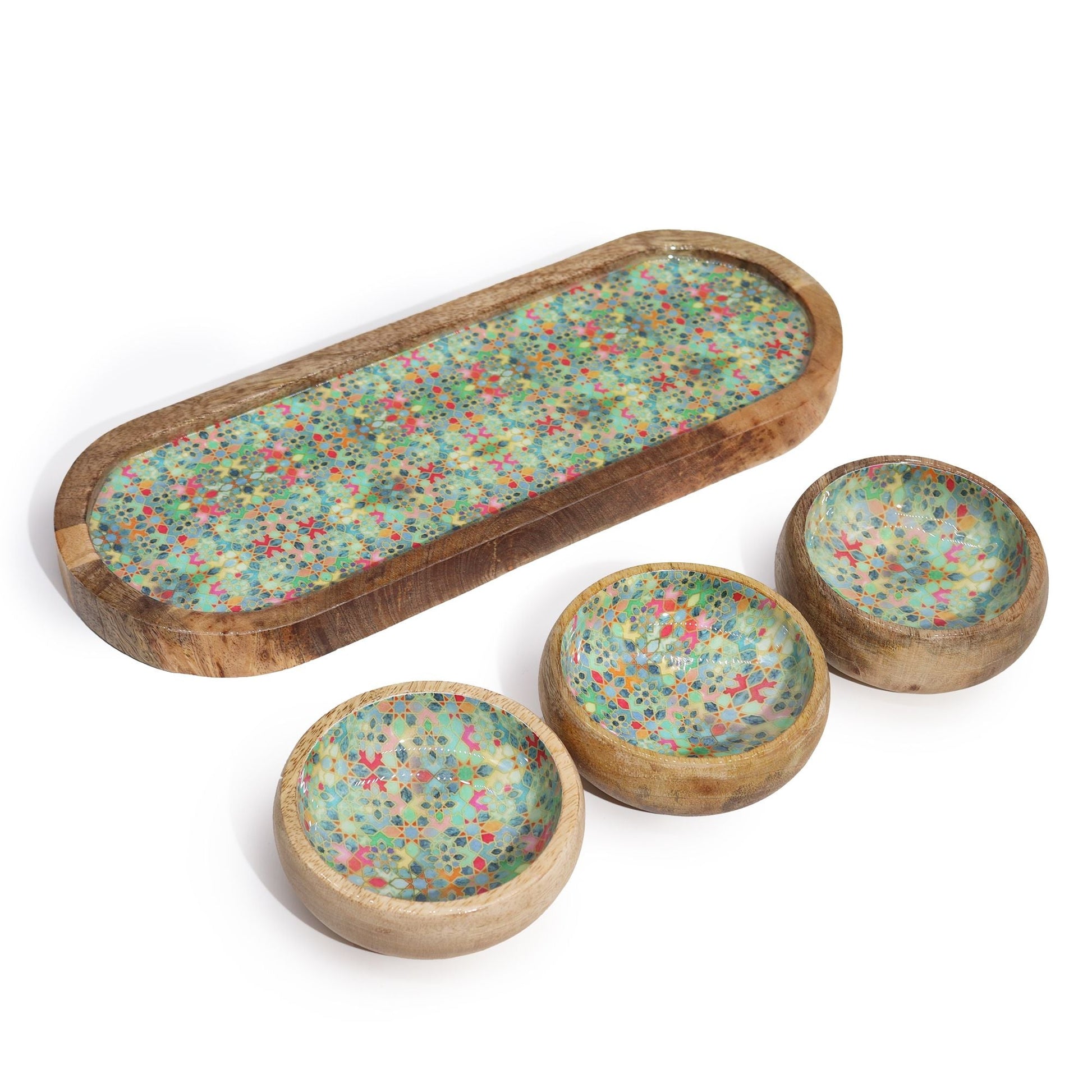 Mango Wood Tray with 3 Bowls - Mediterranean Tile pattern - Luna Panther