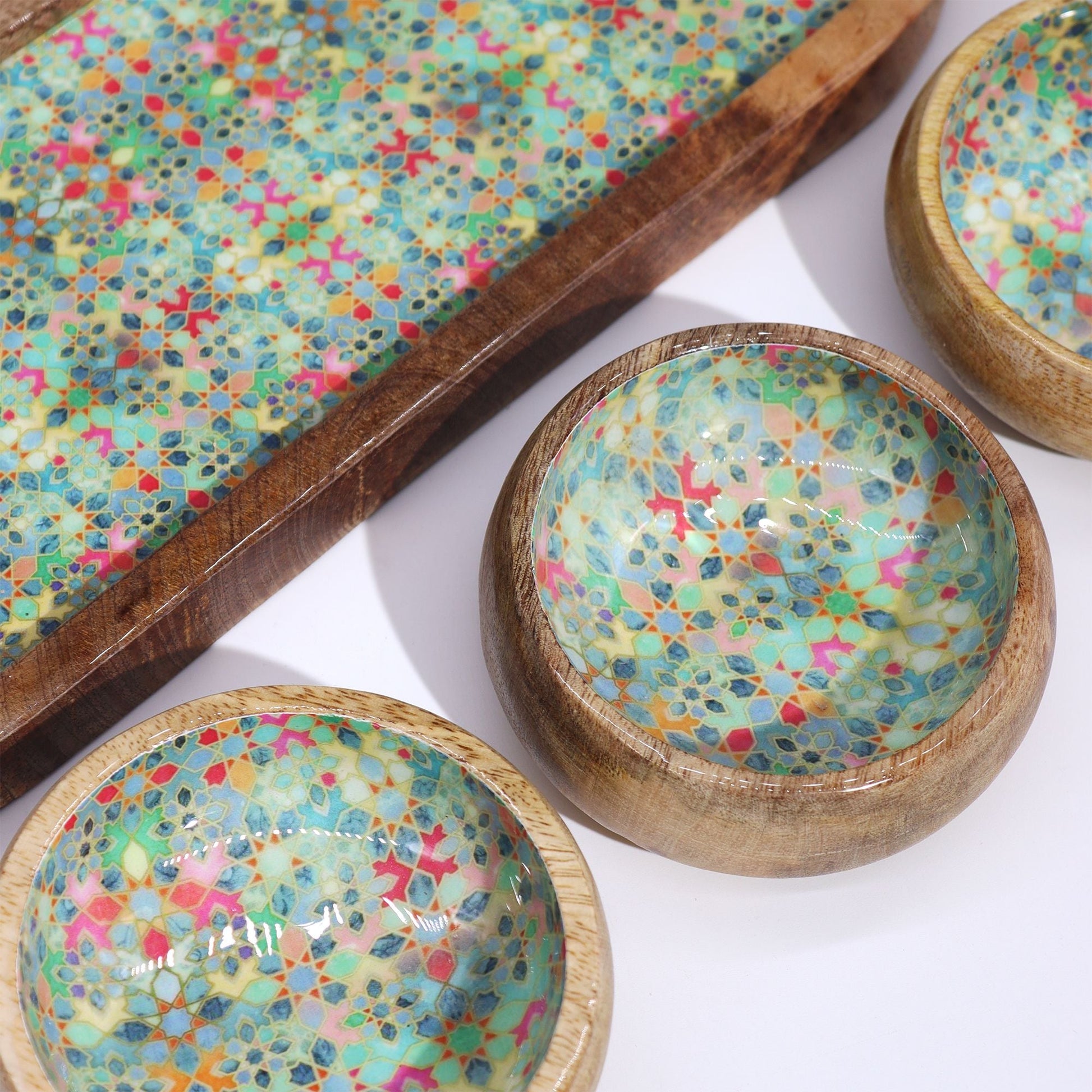 Mango Wood Tray with 3 Bowls - Mediterranean Tile pattern - Luna Panther