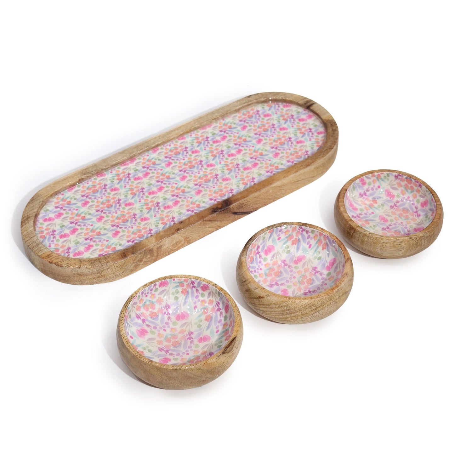 Mango Wood Tray with 3 Bowls - Pretty Floral - Luna Panther