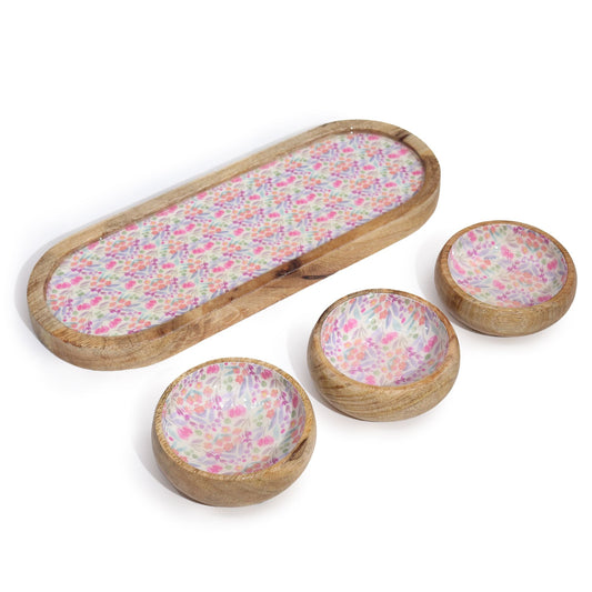 Mango Wood Tray with 3 Bowls - Pretty Floral - Luna Panther