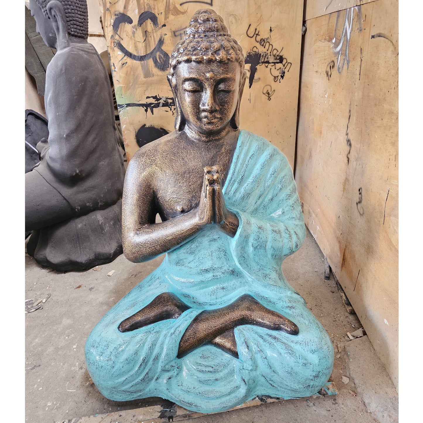 Polished Med Large Turquoise & Gold Praying Buddha Statue - 1.2m Tall featuring natural patterning and unique variations - Luna Panther