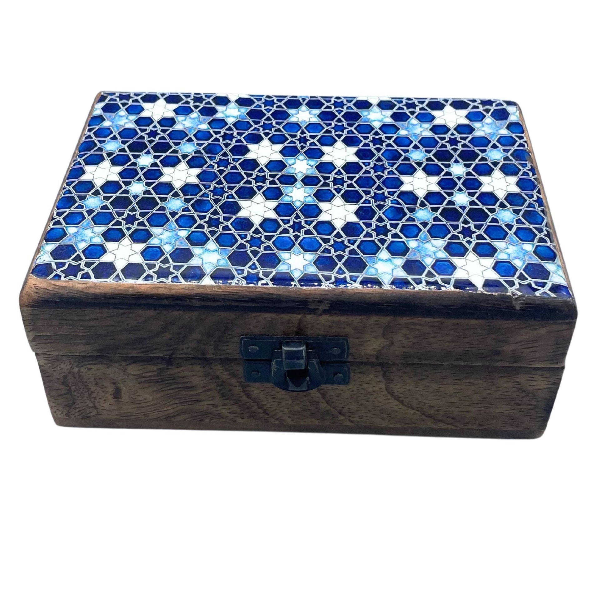 Medium Ceramic Glazed Wood Box - 15x10x6cm - Blue Stars - Luna Panther