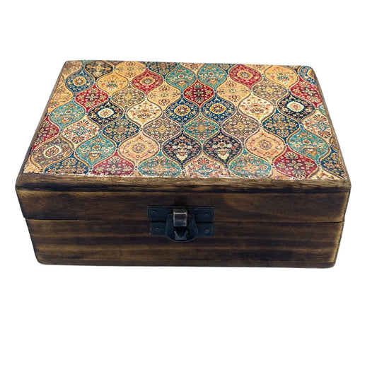 Medium Ceramic Glazed Wood Box - 15x10x6cm - Traditional Pattern - Luna Panther