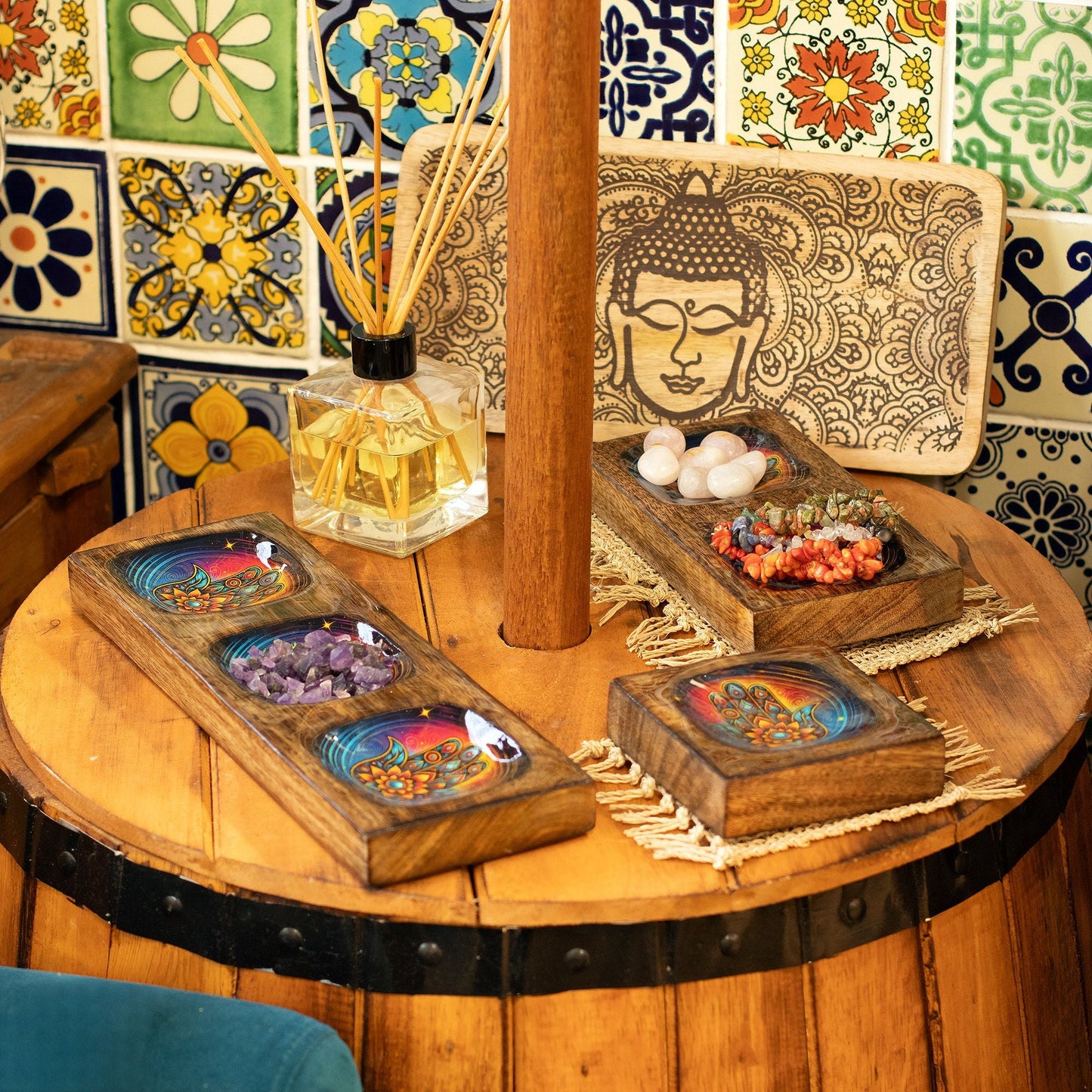 Medium Enamelled Mango Tray Set - Hamsa - Luna Panther