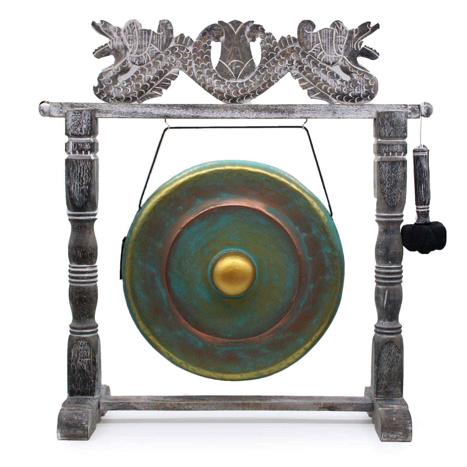 Polished Luna Panther Medium Healing Gong in Stand - 35cm - Greenwash featuring natural patterning and unique variations - Luna Panther