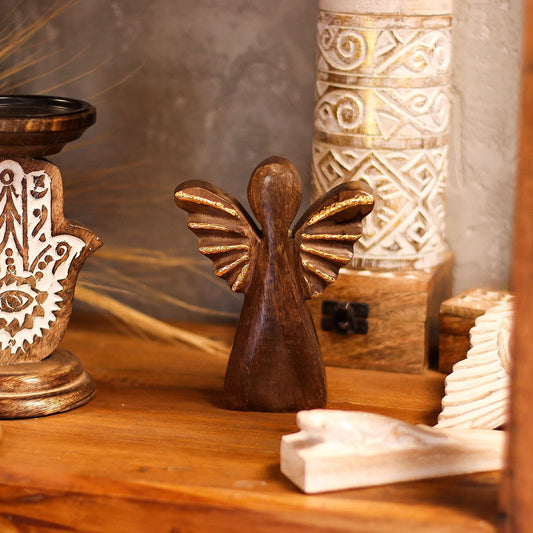 Medium Mango Wood Angel – Gold Decor - Luna Panther