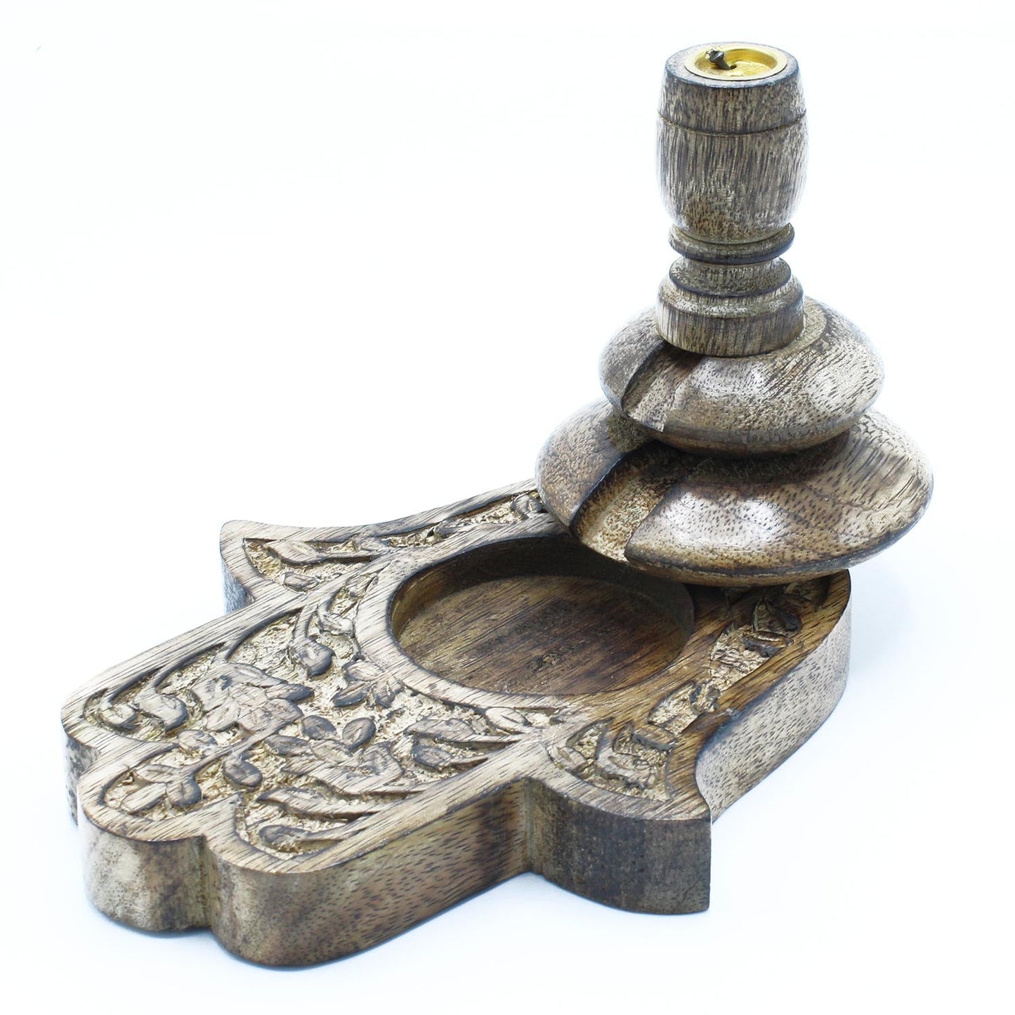 Polished Medium Mango Wood Backflow Burner - Hamsa featuring natural patterning and unique variations - Luna Panther