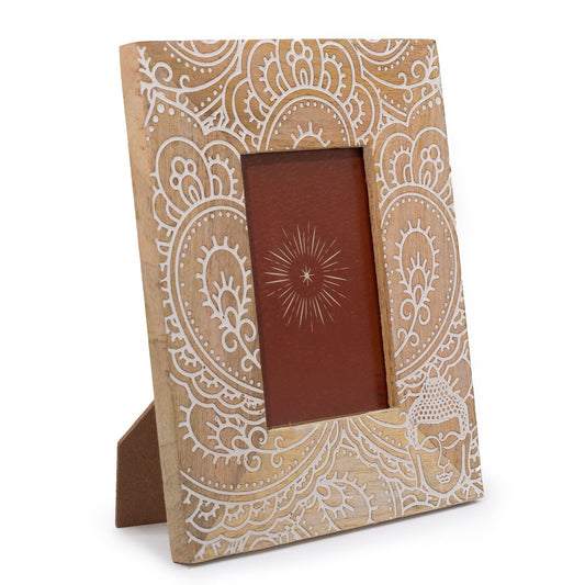 White mango wood buddha picture frame for 10 x 15cm photo, approx. 26 x 20 x 2cm