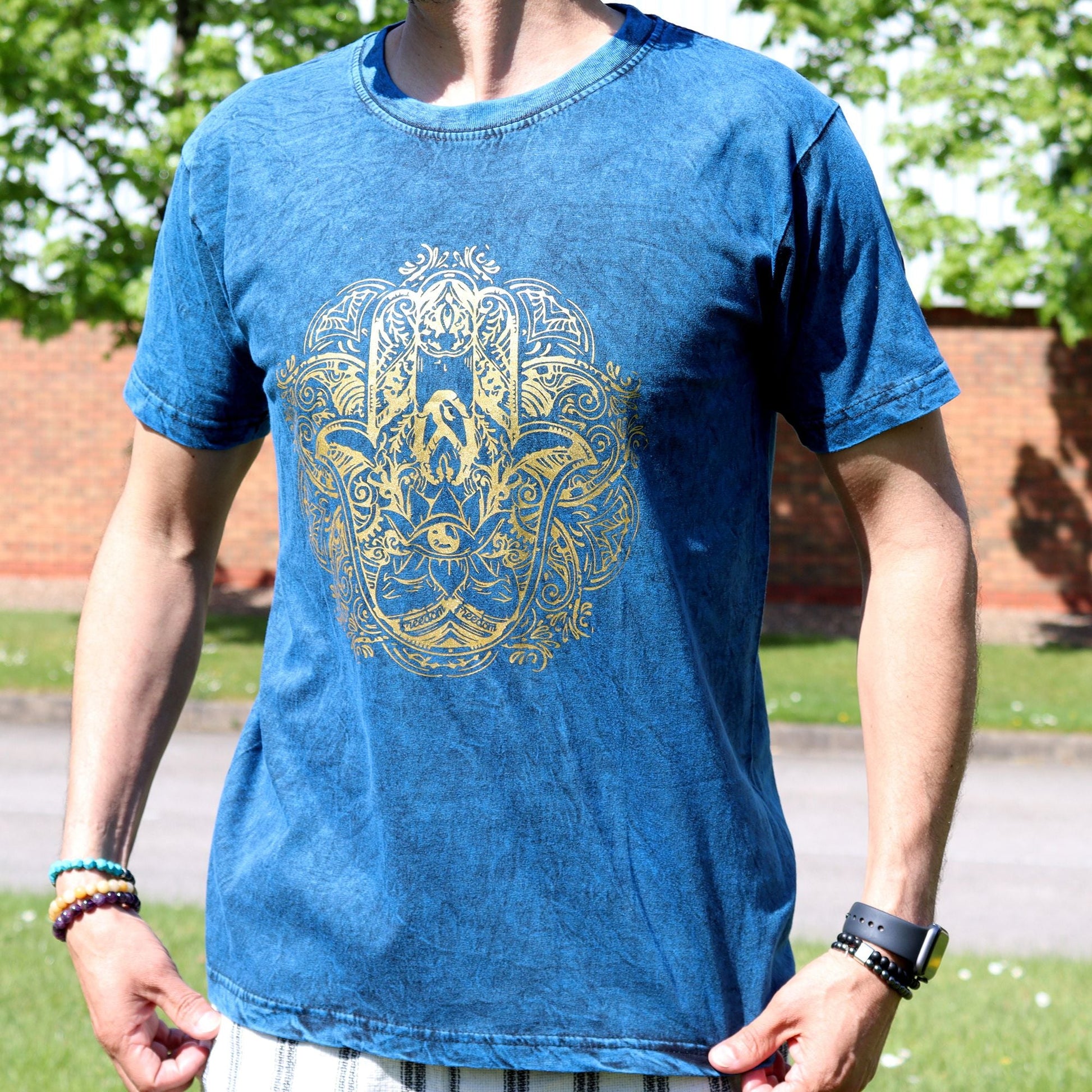 Polished Medium Stone Washed T-Shirt - Hamsa - Blue featuring natural patterning and unique variations - Luna Panther