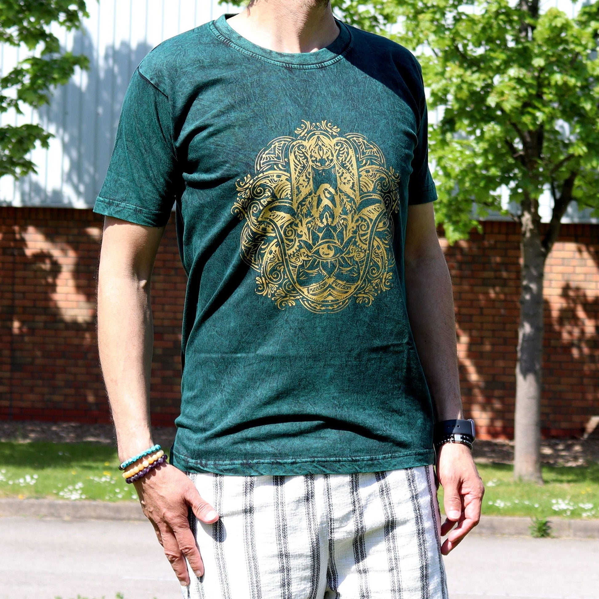 Polished Medium Stone Washed T-Shirt - Hamsa - Green featuring natural patterning and unique variations - Luna Panther