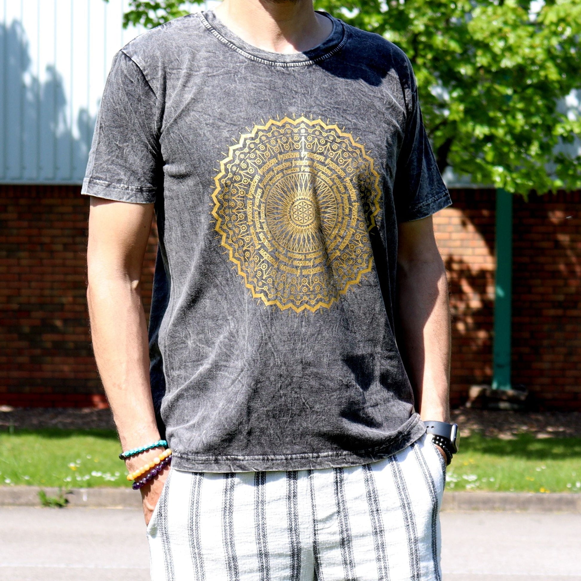 Polished Medium Stone Washed T-Shirt - Mandala - Dark Grey featuring natural patterning and unique variations - Luna Panther