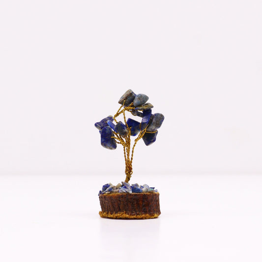 Polished Mini Gemstone Tree On Wood Base - Sodalite (15 stones) featuring navy-blue tone with white veining - Luna Panther