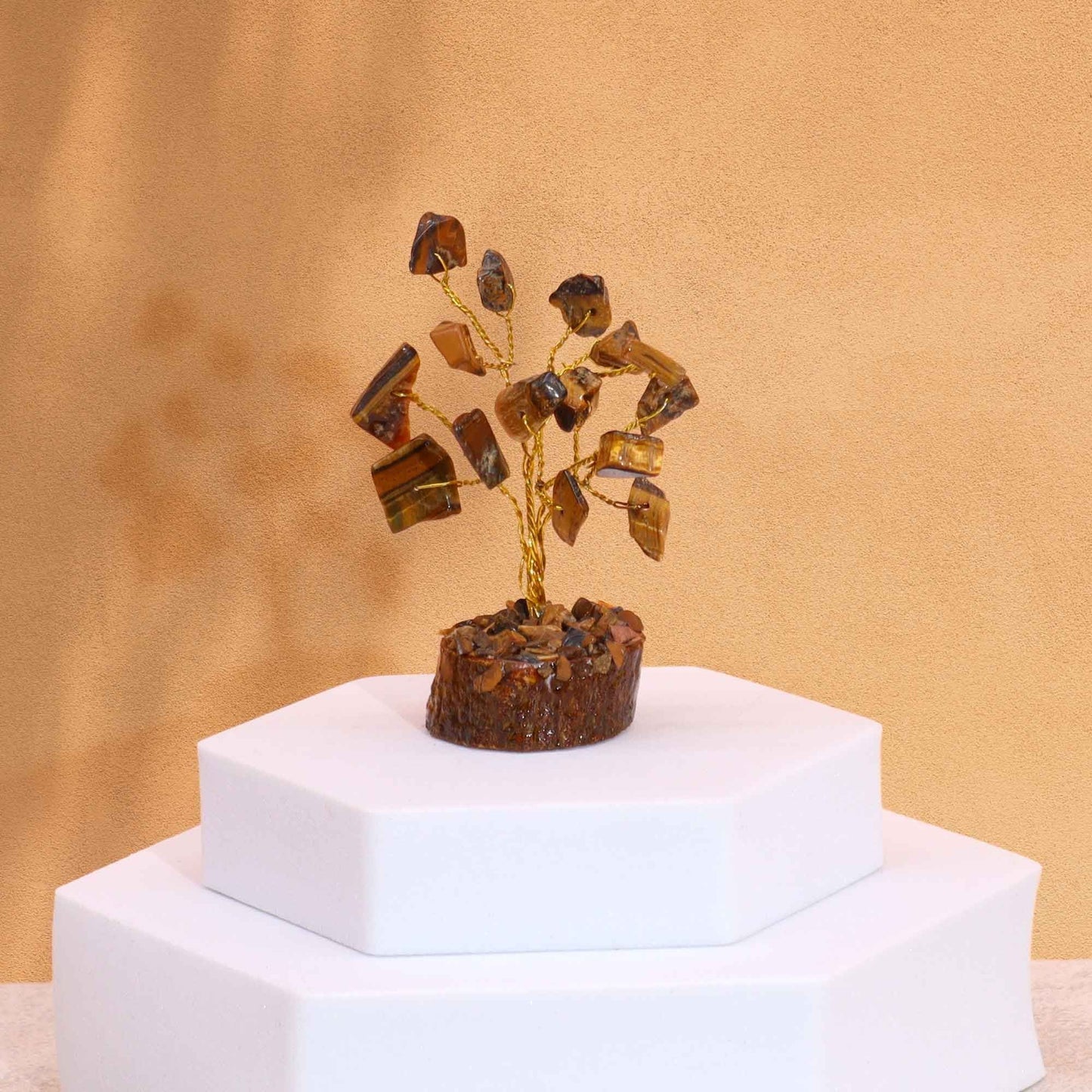 Polished Mini Gemstone Tree On Wood Base - Tigereye (15 stones) featuring natural patterning and unique variations - Luna Panther