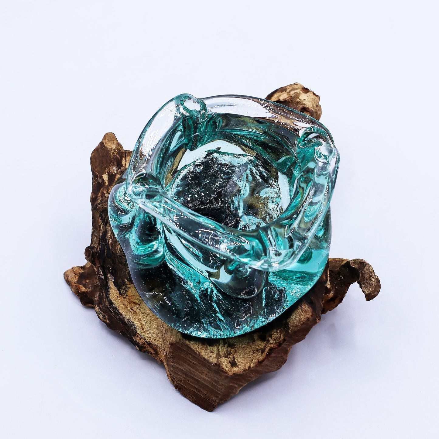 Molten Glass Chunky Ashtray / Candle Holder on Wood 23cm - Luna Panther
