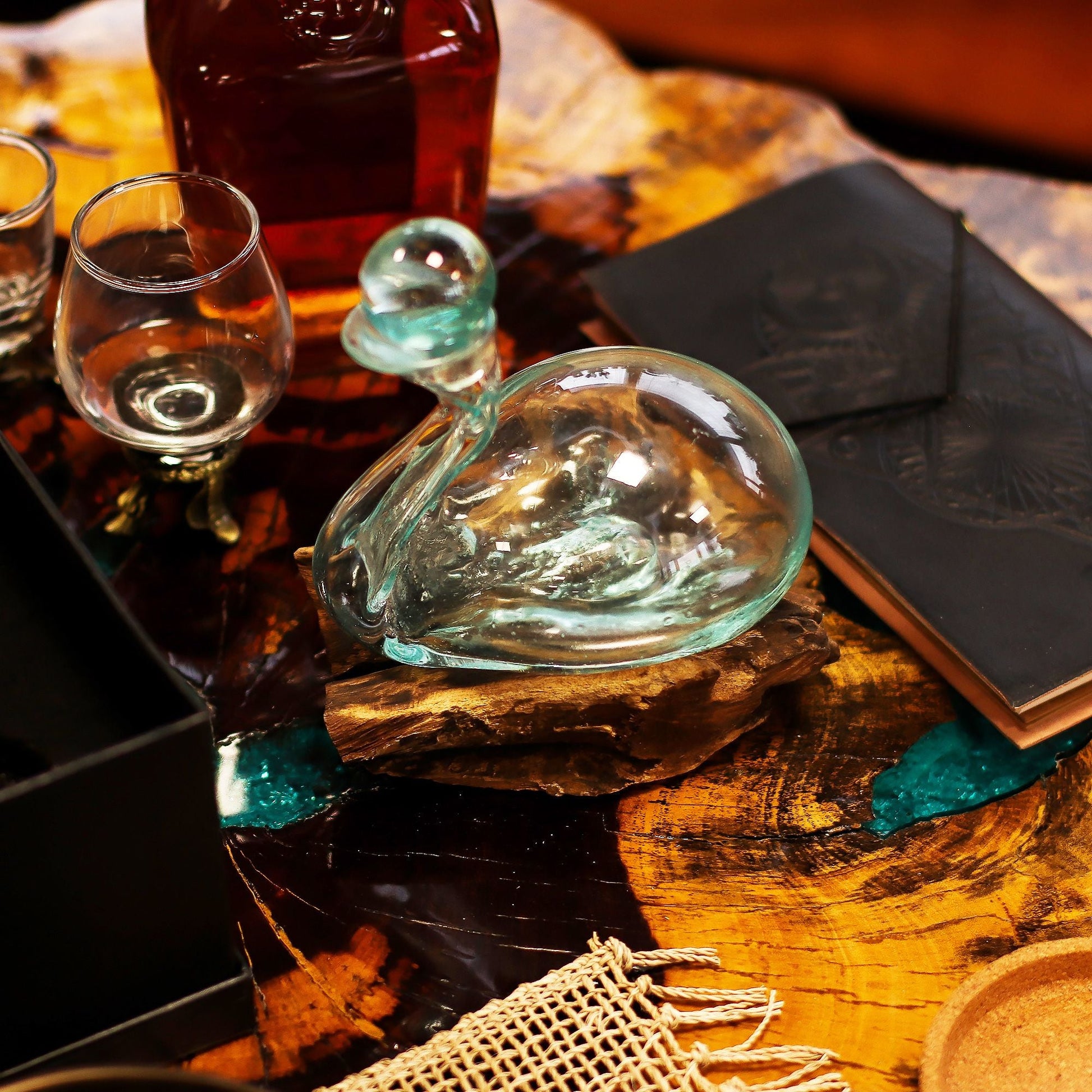 Molten Glass Duck Decanter on Wood with Stopper 19cm - Luna Panther