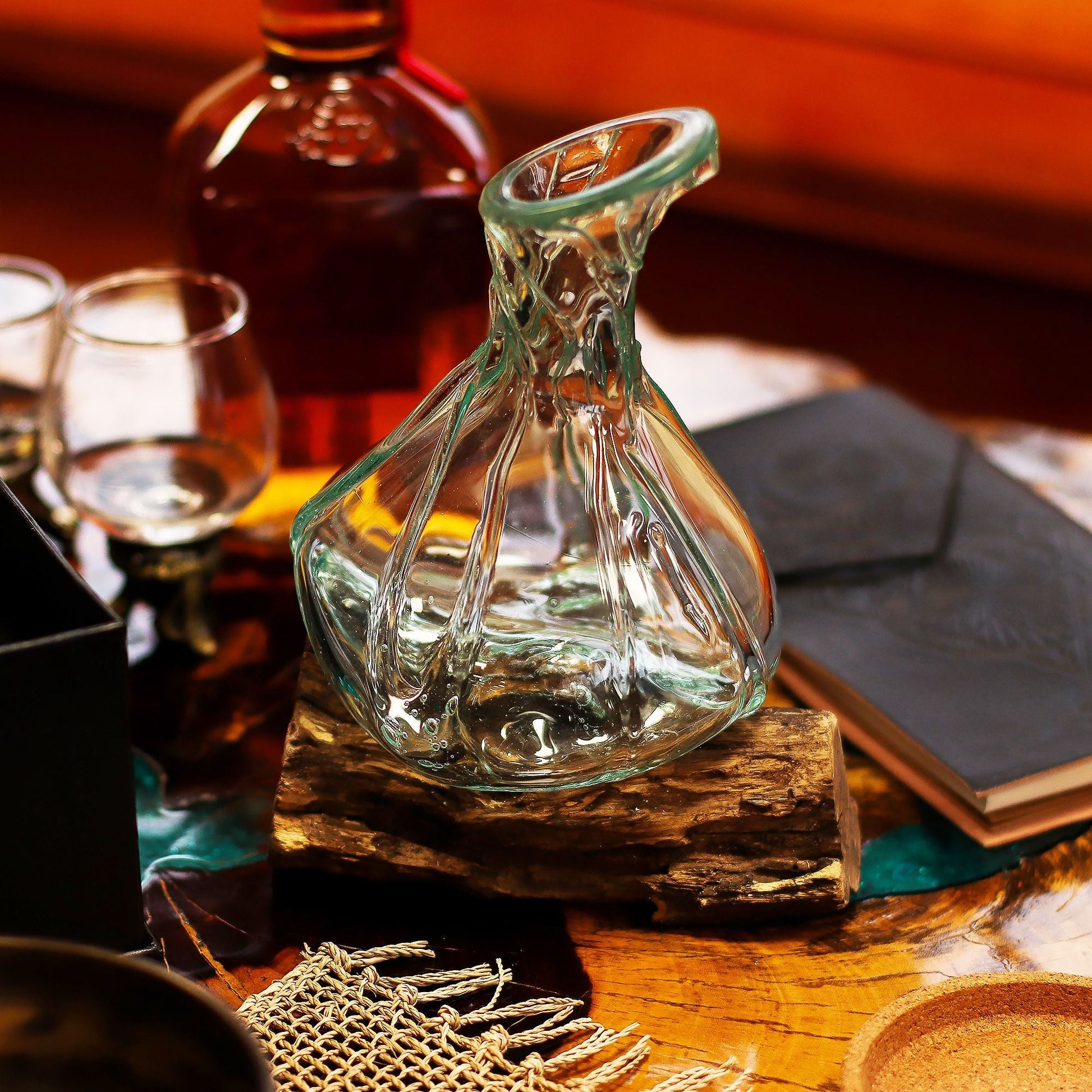 Molten Glass Fancy Mini Decanter on Wood 24cm - Luna Panther