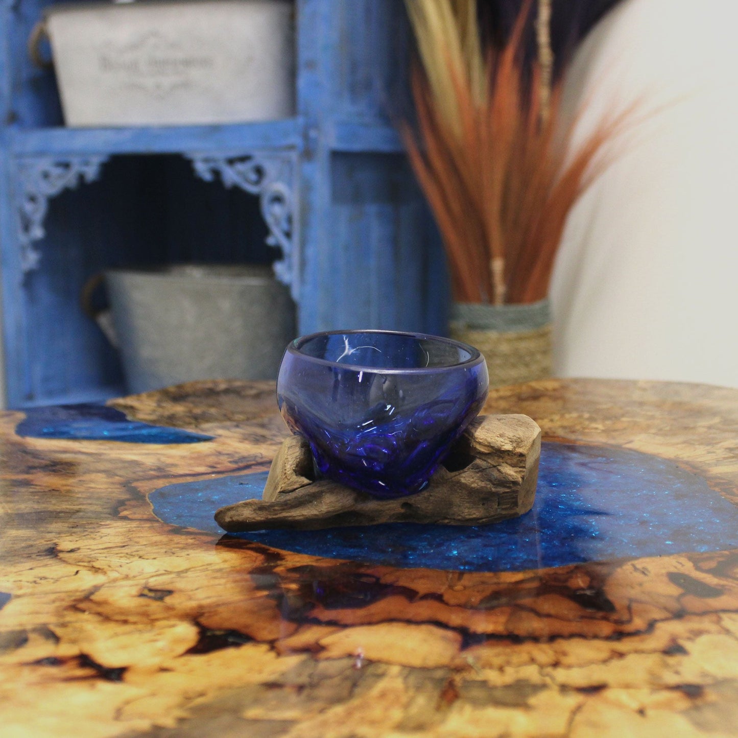 Molten Glass Mini Blue Bowl on Wood - Luna Panther