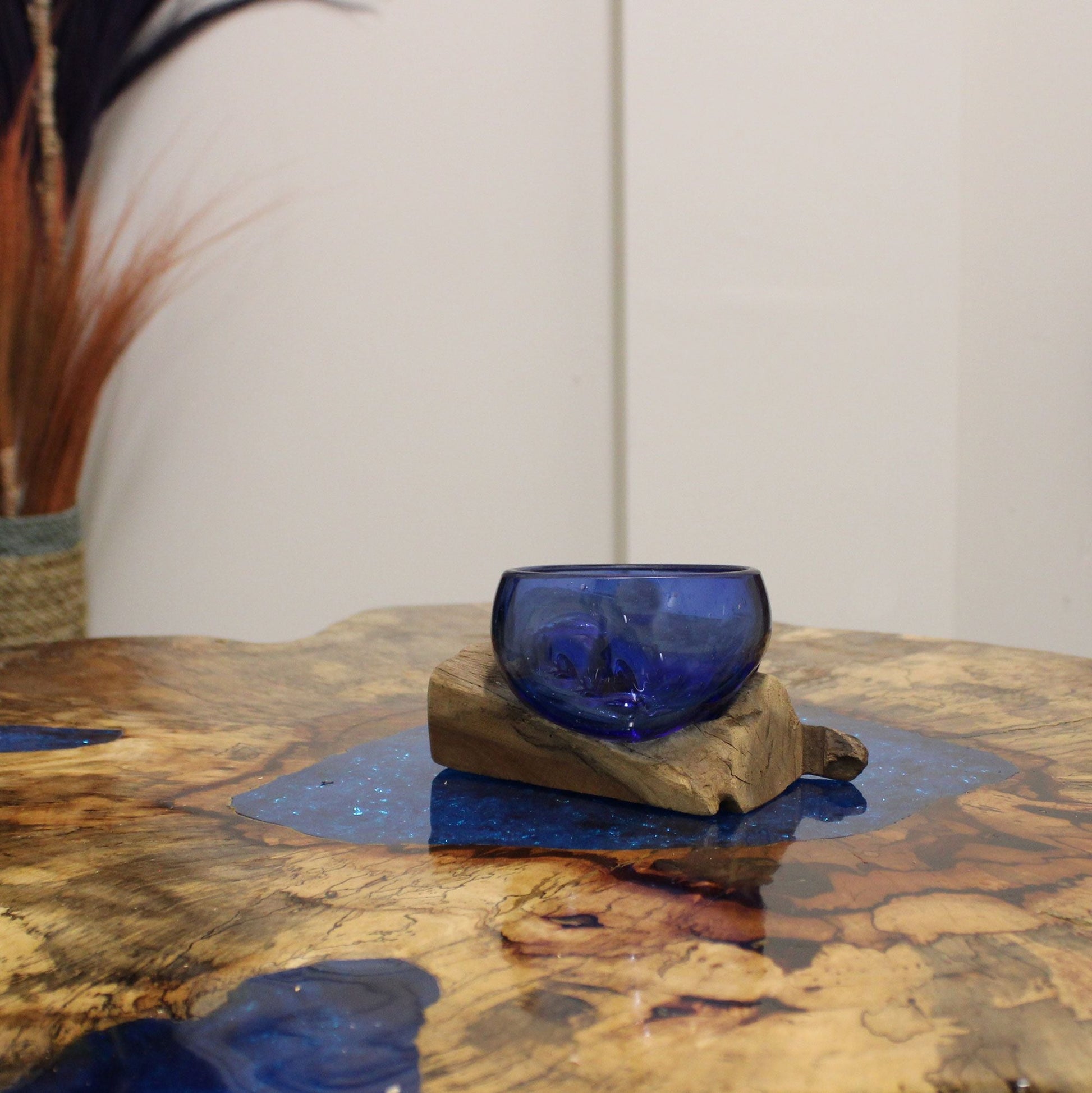 Molten Glass Mini Blue Bowl on Wood - Luna Panther